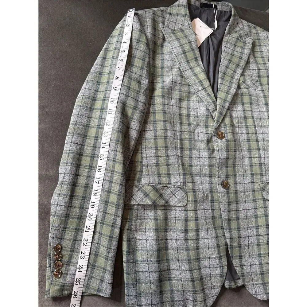 Mens Green Plaid Blazer Two-Button Sport Suit Jacket Coat Peak Lapel Size 40 NWT
